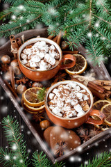 Ceramic  mugs with hot chocolate and marshmallows