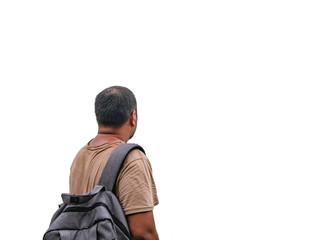 Back of Asian fat backpacker on isolated background