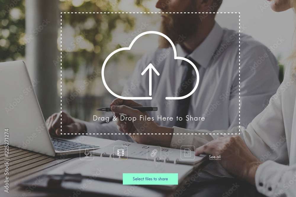 Poster people using technology digital device with cloud computing icon graphic