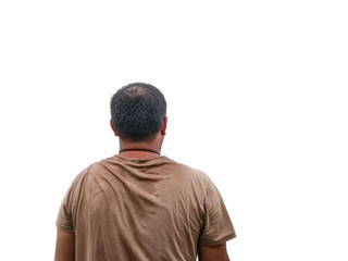 Obraz premium Back of Asian Fat and Little bald man with sweat on his t-shirt on isolated background