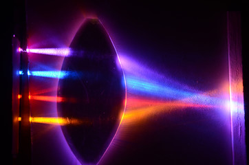 Light beams in colorblind-friendly colors pass trough a demonstration lens, the influence on the beams can be seen on the screen