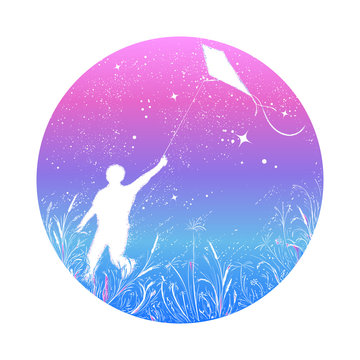 Symbol Of Dream, Happiness, Motivation, Aspiration, Freedom. Boy Flies A Kite In The Universe, T-shirt Design. Silhouette Boy Flying A Kite In Night Sky Tattoo