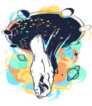 Black and white hands in space tattoo watercolor splashes style. Symbol of tolerance, friendship, multiculturalism, love, t-shirt design. Taking hands with love