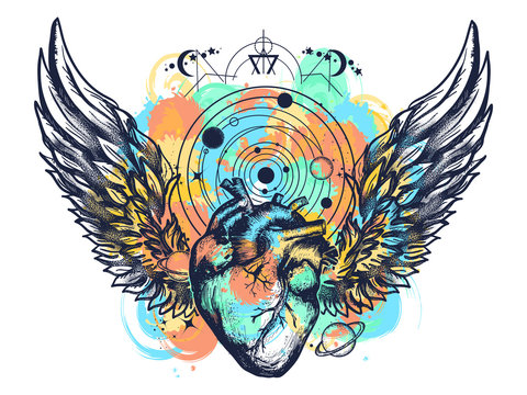 Heart and wings in space tattoo watercolor splashes style. Symbol of love, philosophy, psychology, imagination, dream. Surreal heart t-shirt