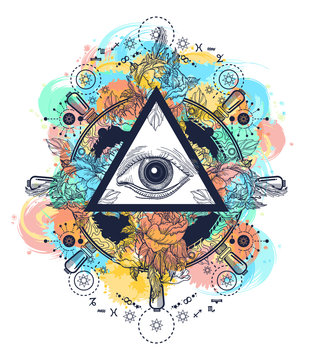 All seeing eye pyramid tattoo art watercolor splashes style. Freemason and spiritual symbols. Alchemy, medieval religion, occultism, spirituality and esoteric art. Magic eye t-shirt design