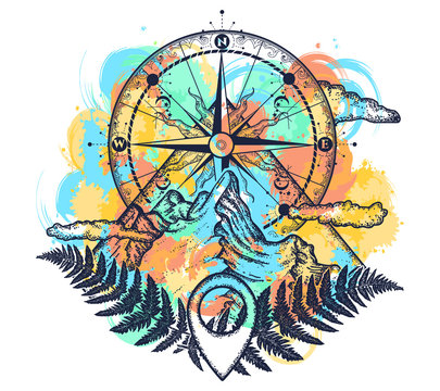 Mountains and compass tattoo watercolor splashes style. Symbol of tourism, rock climbing, camping. Mountain top and vintage compass t-shirt design