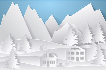 Winter landscape in paper style. Mountains, trees and houses. Layered cut out paper postcard. Vector illustration