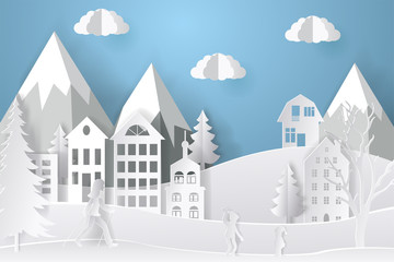Obraz na płótnie Canvas Winter landscape in paper style. Mountains, trees and houses. Layered cut out paper postcard. Vector illustration