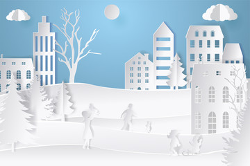 Winter landscape in paper style. Mountains, trees and houses. Layered cut out paper postcard. Vector illustration