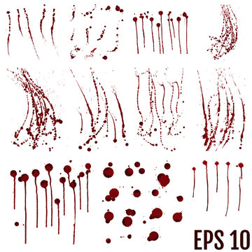 Set of various dripping blood splashes,collection of dripping drops and trail blood paint splatters on white background,,dripping blood seamless,Halloween blood vector concept