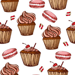 Seamless pattern with desserts. Hand drawn pancakes and buns. Vector illustration for your design