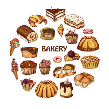 Vector desserts elements in hand drawn style. Delicious food. Art illustration. Sweet pastry for your design in cafe menu, posters, brochures