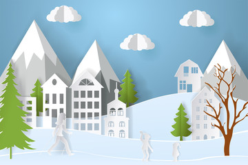 Mountain village with paper art style in color. Landscape city with people for Christmas postcard. vector illustration