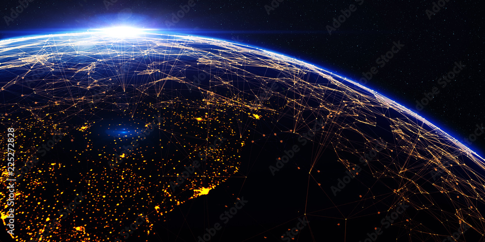 Poster Earth from space at night with a digital communication system/Earth from space at night with a digital communication system. Some elements of the image provided by NASA. 3D rendering