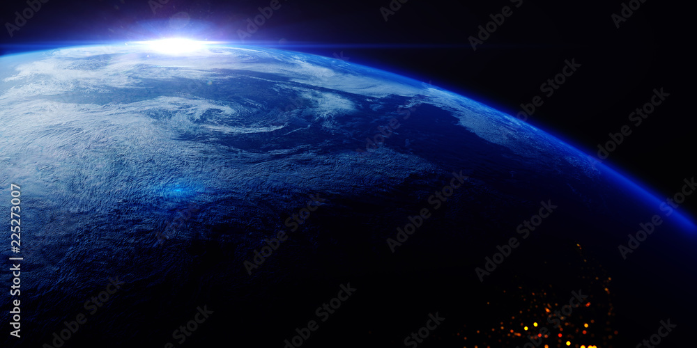Poster A view of the Earth from outer space/3D Rendering rotating planet Earth with a sun-baked side and a dark side with the lights of cities. Some elements of the image provided by NASA