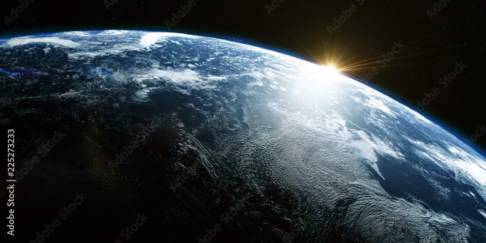 Poster A view of the Earth from outer space/3D Rendering rotating planet Earth with a sun-baked side and a dark side with the lights of cities. Some elements of the image provided by NASA