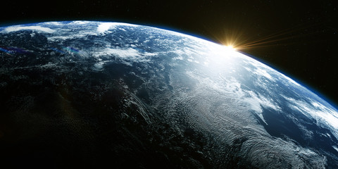 A view of the Earth from outer space/3D Rendering rotating planet Earth with a sun-baked side and a dark side with the lights of cities. Some elements of the image provided by NASA - obrazy, fototapety, plakaty