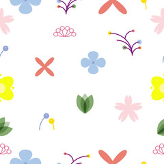 Seamless minimalist flowers pattern on white background, colorful floral vector background for textile print, page fill.
