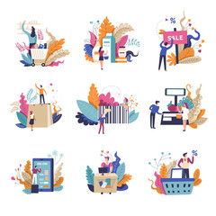 Sale and promotions in shop isolated set vector