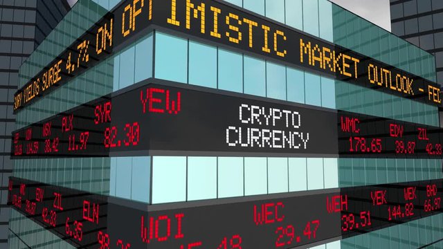 Crypto Currency ICO Blockchain Funds Financing Stock Market Ticker 3d Animation
