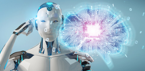 Naklejka premium Robot creating artificial intelligence in a digital brain 3D rendering
