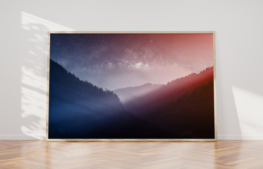 Large horizontal frame leaning on a white wall 3D rendering