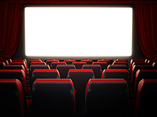 Fototapeta premium Empty red movie theater seats and blank cinema screen. 3D illustration