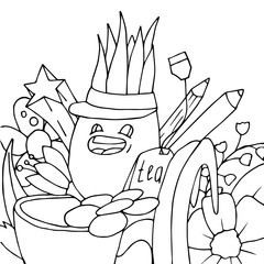 Cute monster in garden with flowers doodle concept in hand drawn style.