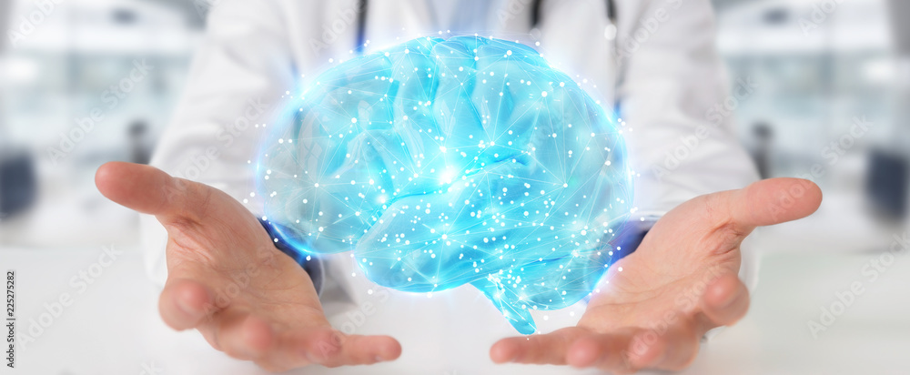 Poster doctor using digital brain scan hologram 3d rendering