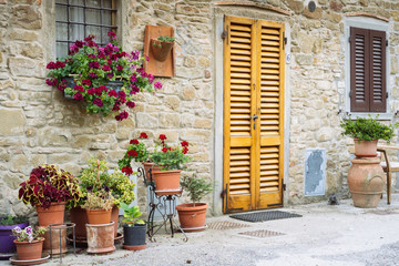 Fototapeta na wymiar Beautiful flowers in front of stone wall in a small village of medieval origin. Volpaia, Tuscany, Italy