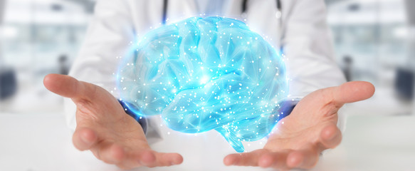 Doctor using digital brain scan hologram 3D rendering