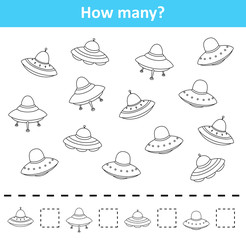 Counting game for preschool children. Count how many spaceship objects