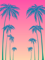 blue palm trees silhouette on a pink background. Vector illustration, design element for congratulation cards, print, banners and others