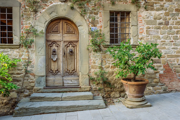 Fototapeta na wymiar Wooden door in a small village of medieval origin. Volpaia, Tuscany, Italy