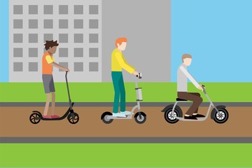 Fototapeta premium People on electric scooters in flat style.