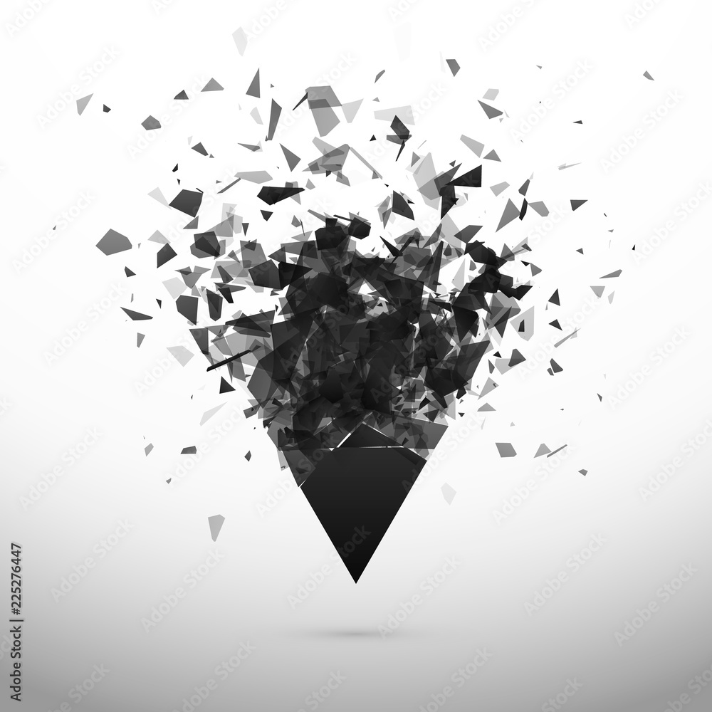 Poster shatter and destruction dark triangle. explosion effect. abstract cloud of pieces and fragments afte
