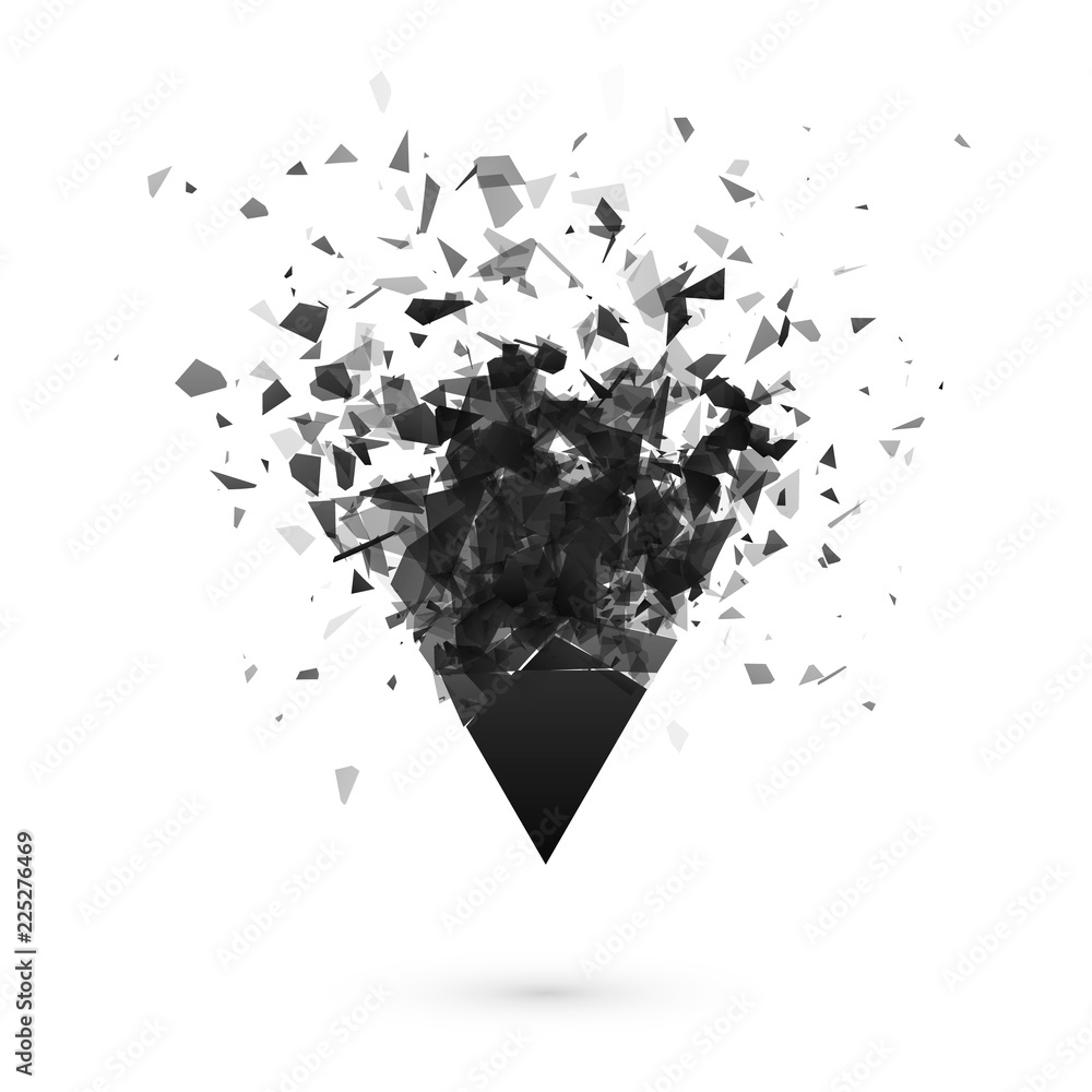 Poster explosion effect. shatter dark triangle. abstract cloud of pieces after explosion. vector illustrati