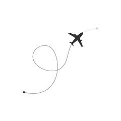 Flight route. Plane icon. Airplane icon with route from launch point to destination point. Vector illustration