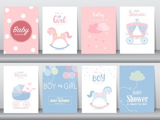 Set of baby shower invitation cards, birthday cards, poster, template, greeting cards, cute, Rocking Horse, Vector illustrations
