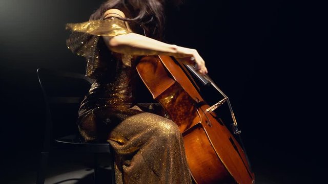The cellist performs on stage.