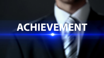 Achievement, businessman in suit standing in front of screen, business concept