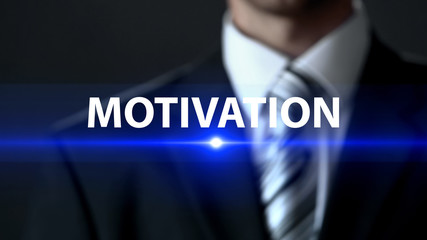 Motivation, businessman standing in front of screen, inspiration for development