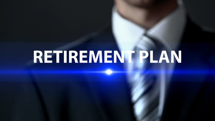 Retirement plan, man in suit standing in front of screen, secure future, aging