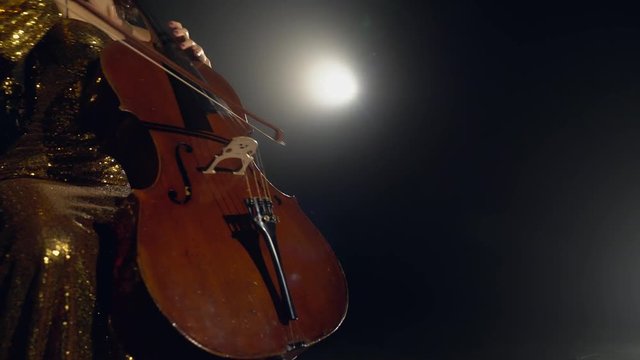 The cellist performs on stage.