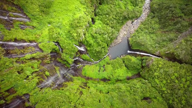 Aerial view of voile de la Mariee waterfall, Reunion island.