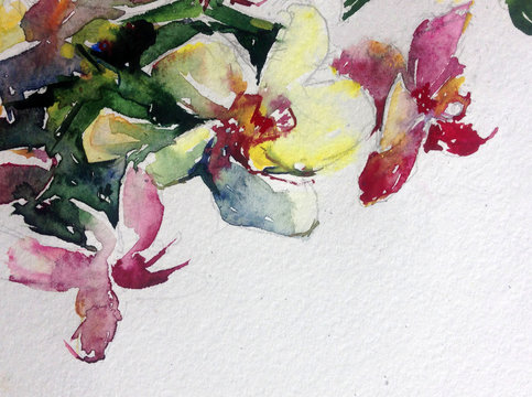 Abstract bright colored decorative background . Floral pattern handmade . Beautiful tender romantic bouquet of orchid spring flowers , made in the technique of watercolors from nature.