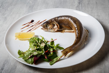tasty baked trout served with salad, lemon and sauce