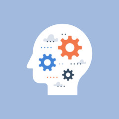 Team work, side view head full of cogwheels, brain work gear, artificial intelligence, potential development, common ground