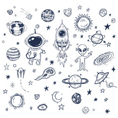 Doodle space travel vector set with rocket, astronaut, alien, planets, stars. Hand drawn print or poster, elements