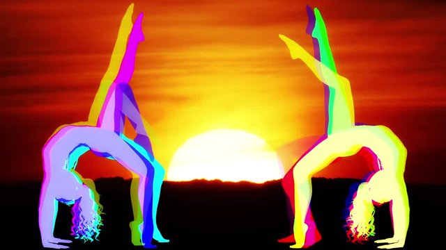 amazing female yoga instructor made into a colourful abstract pattern against a beautiful sunset and ocean background